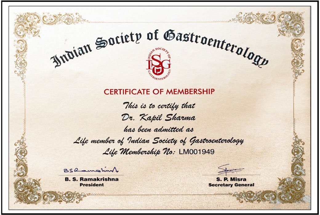 Indian society of gastroenterology, certificate of membership